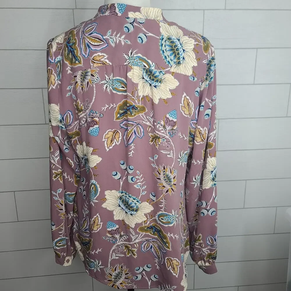 Chicos Top Blouse Mauve Paisley Floral 1 Med Purple Blue Jacobean Bouquet Ruffle - Picture 9 of 12